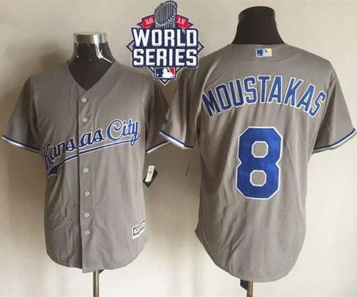 Royals #8 Mike Moustakas New Grey Cool Base W/2015 World Series Patch Stitched MLB Jersey - Click Image to Close